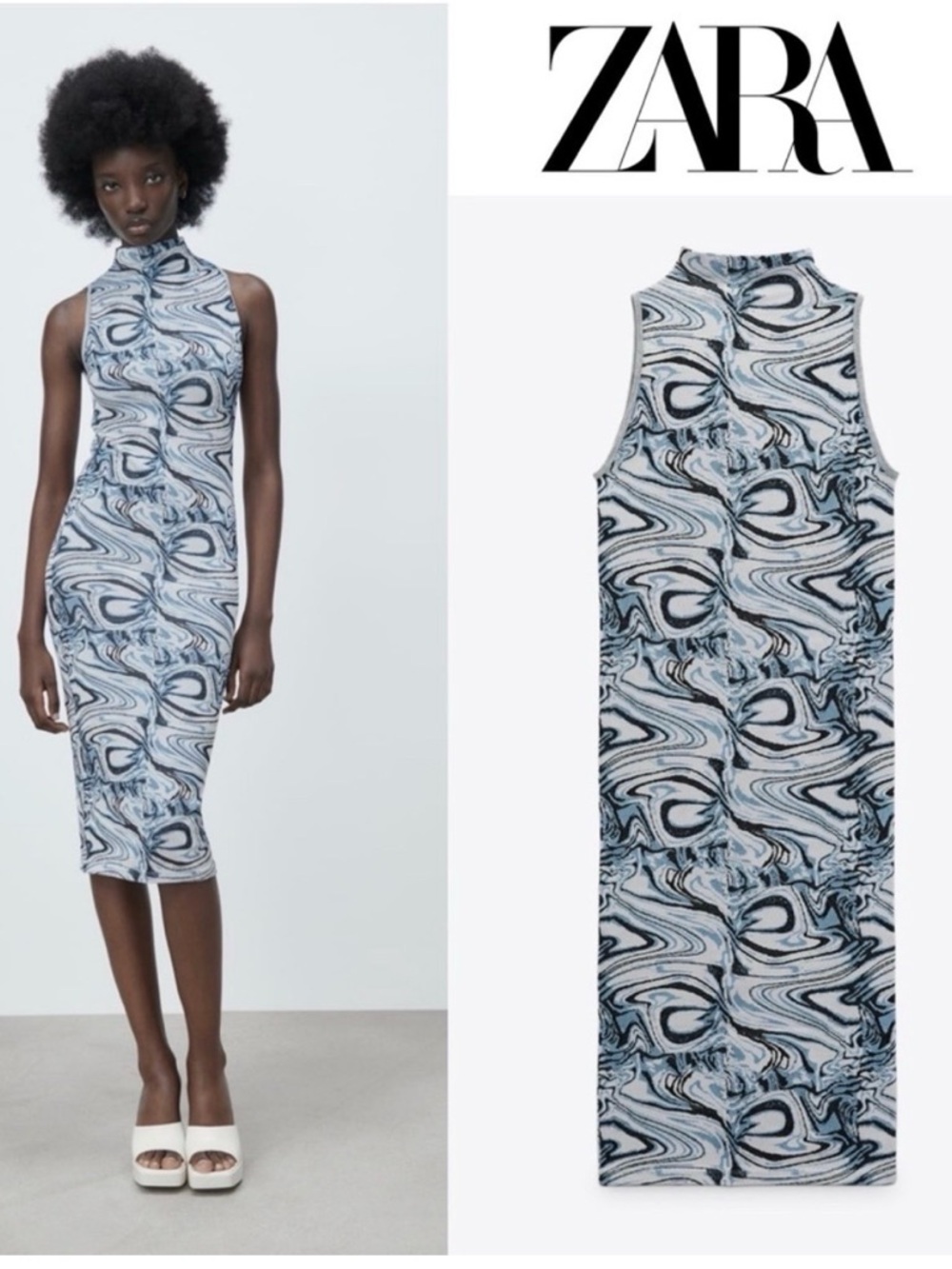 Zara Blue Marble Jacquard Midi Dress